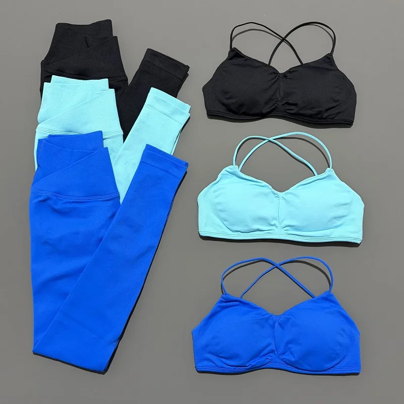 2 Piece Vision Sports Set Summer New Yoga Clothes Women Tracksuit Athletic Cross Backless Yoga Top Leggings Pilates Fitness Set