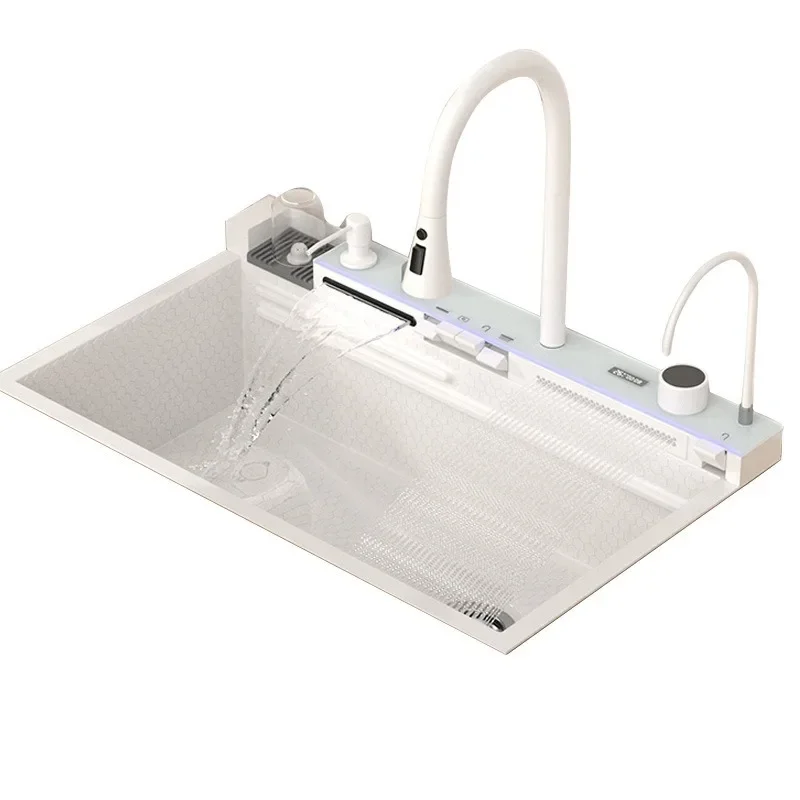 beige sink, large single slot piano button ambient light, vegetable basin digital display
