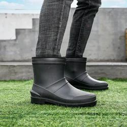 Men's short tube anti slip rain shoes, black low cut waterproof water shoes, garden overshoes