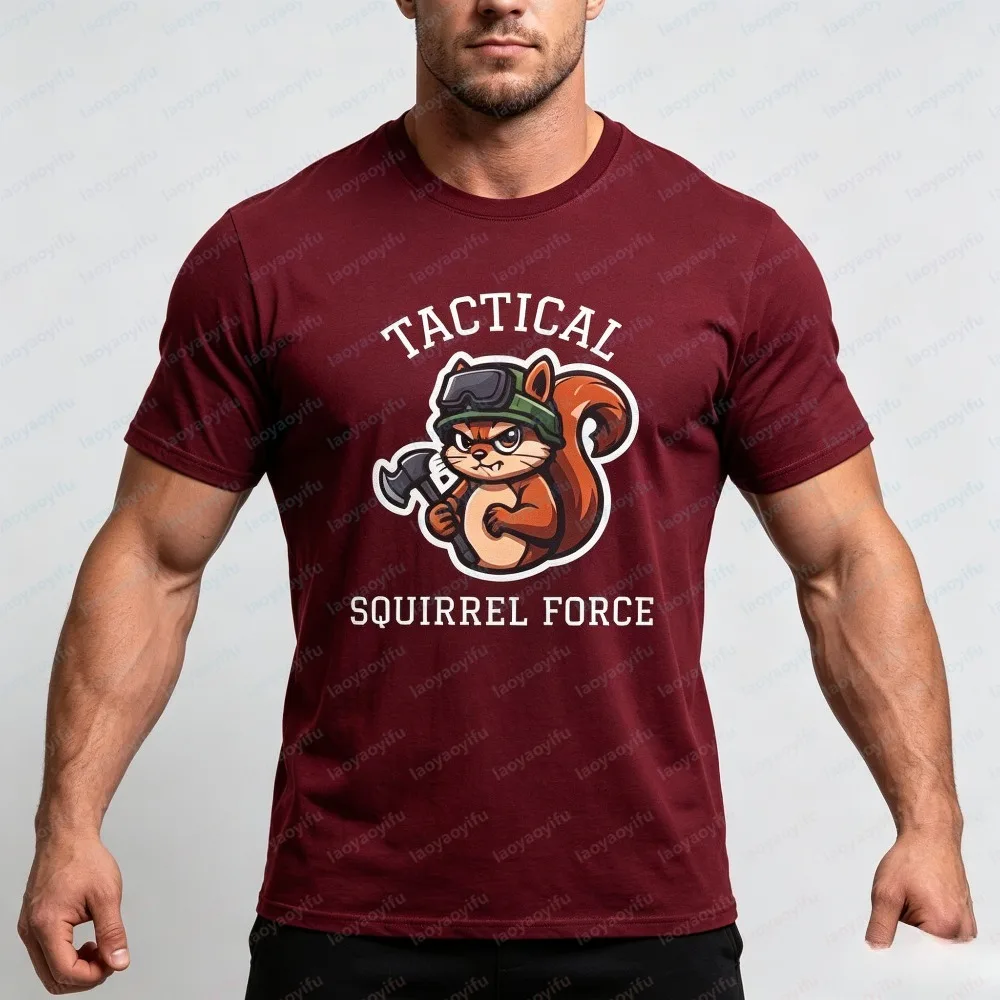 Tactical Squirrel Force Cartoon Graphic Men T-Shirt Funny Military Animal Print Soft Casual Fashion Short Sleeve Streetwear Tee