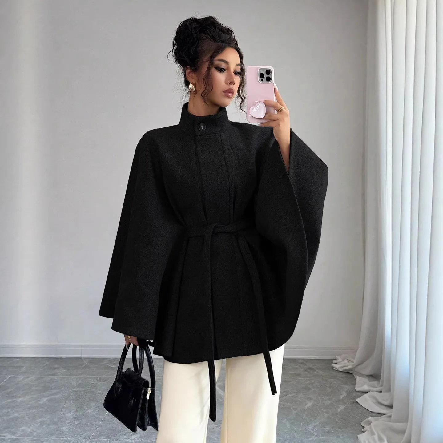 Elegant Women's Woolen Coat Autumn Winter Stand up Collar Cape Style Design Tie Waist Atmospheric Fashionable Ladies Outerwear