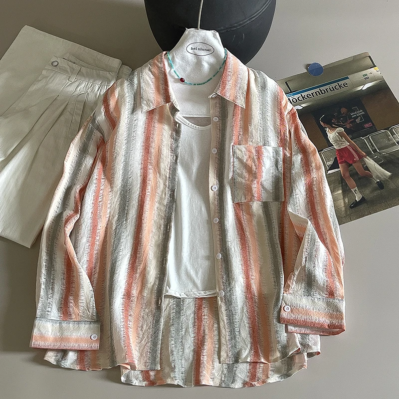 

Contrast Color Midi Women Shirts 2025 Summer Korean Long Sleeve Sun Protection Coat Simple Casual Loose Lady Blouses