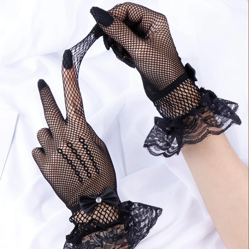 Women's Uv-proof Driving Gloves Rhinestone Bow Lace Design Sheer Fishnet Full Finger Mittens Mesh Fishnet Gloves 1 Pair