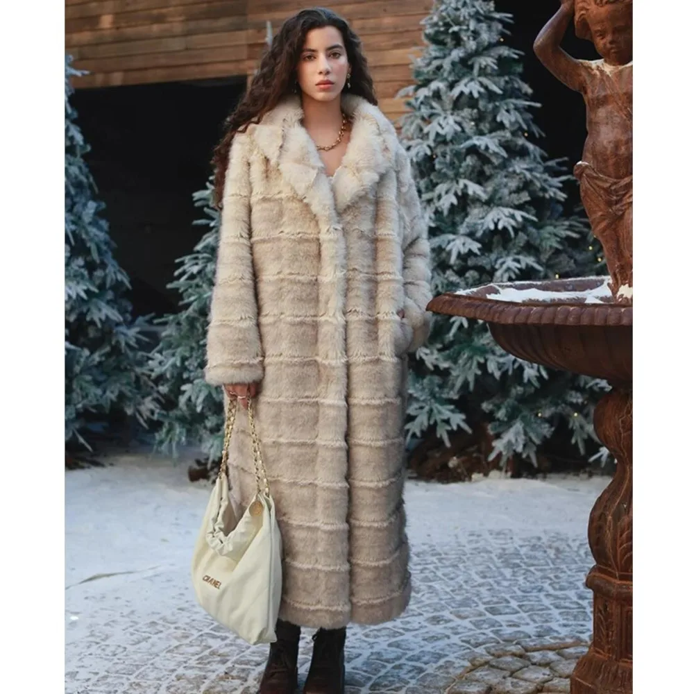 ฤดูหนาว Apricot สีเทาเคล็ดลับลายนูน Strip รูปแบบ Soft Mink Faux Fur Coat ผู้หญิงแขนยาวหลวม Maxi ยาว Outerwear