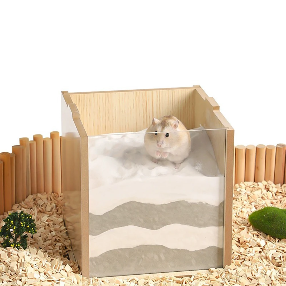 Hamster Sand Bath Box Wooden Shower House Chinchilla Digging Sand Bathtub Box Hole Landscaping Supplies Box