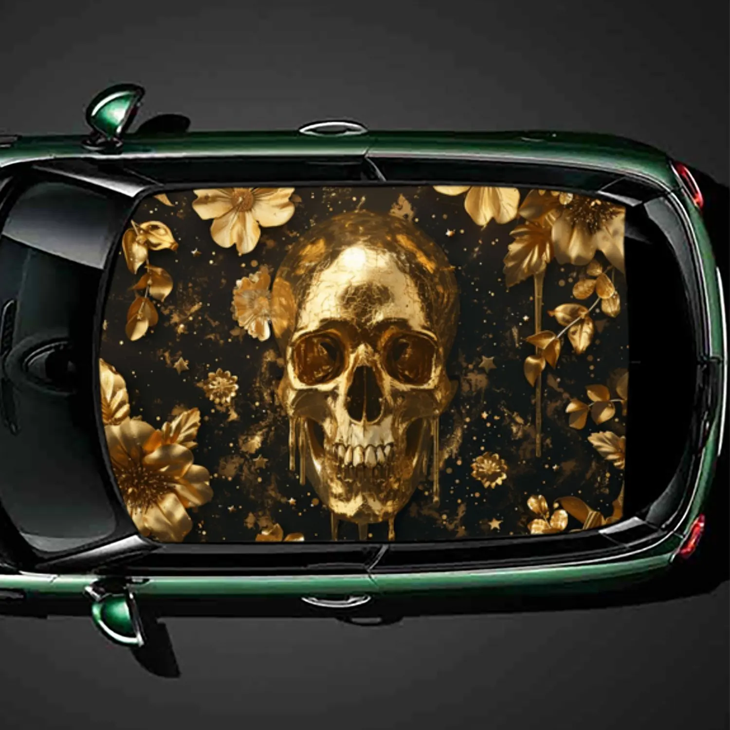 

Виниловая пленка на крышу автомобиля из ПВХ с золотым черепом и цветами, самоклеящаяся водонепроницаемая автомобильная наклейка, декоративная пленка против царапин для Se