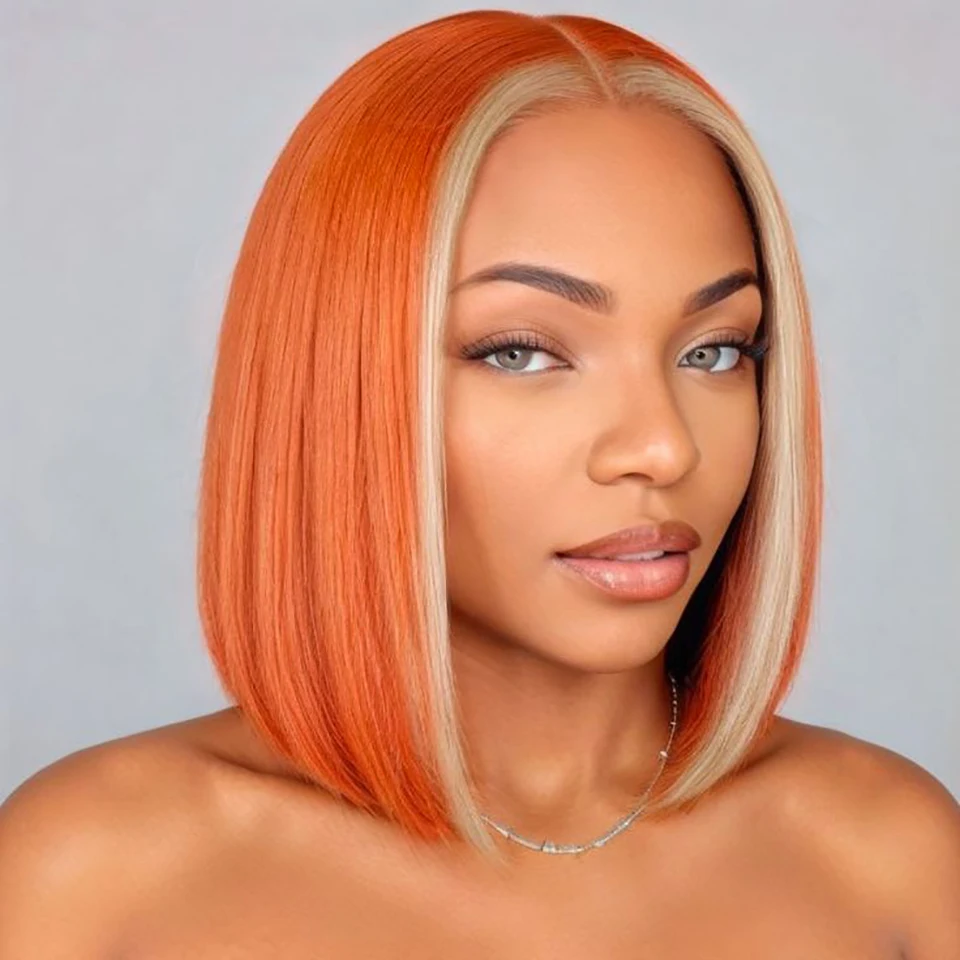 Lekker-Perruque Bob Lace Front Wig Remy Brésilienne 100% Naturelle, Cheveux Courts Lisses, à Reflets, Orange, 13x1, 613 de Densité, pour Femme