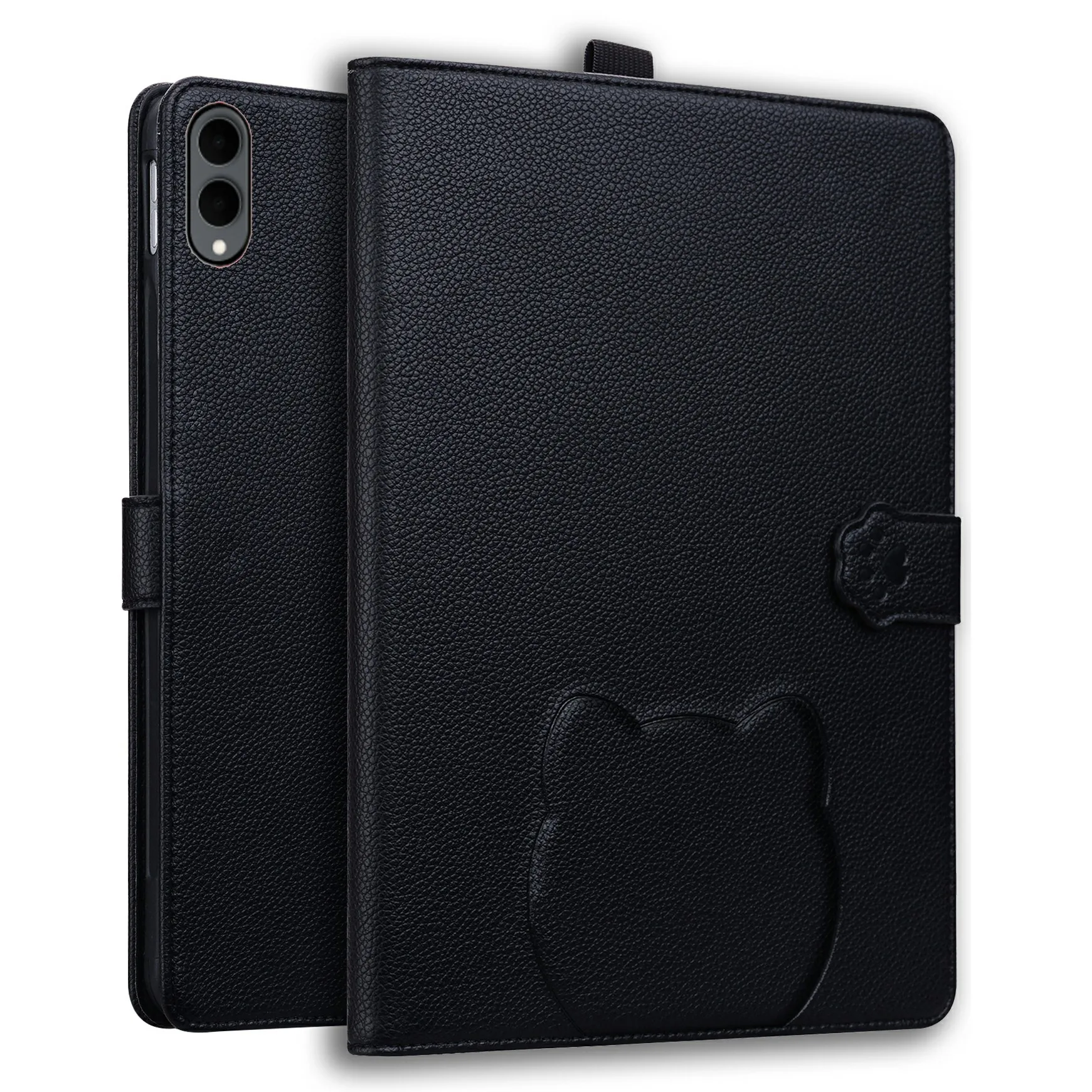 For Samsung Galaxy Tab S12+ Wallet Case Leather Stand Table Cover with Stylus Holder, 3D Effect Cat Pattern - Black