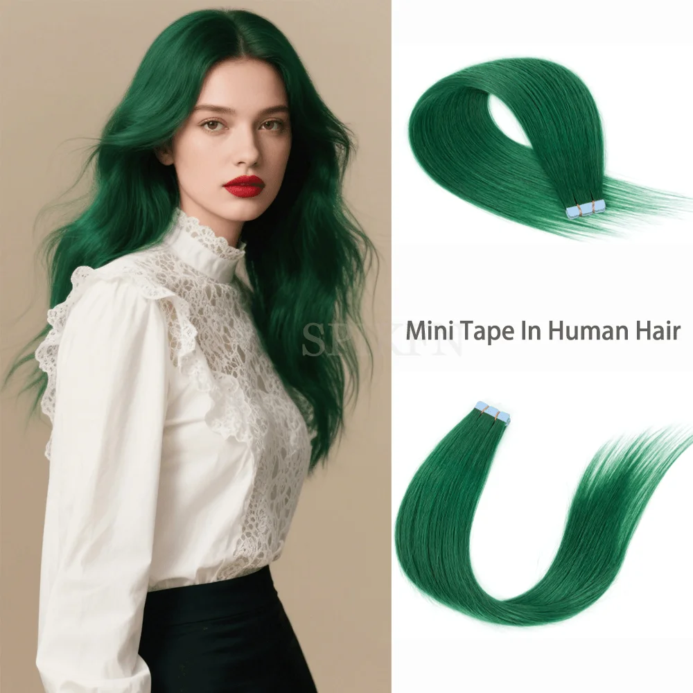 

Изумрудная мини-лента для наращивания человеческих волос, 12-24 дюйма, микролента для волос, бесшовные клейкие волосы для косплея