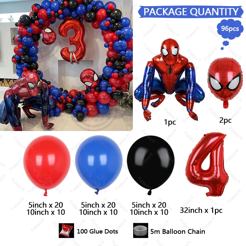 96szt Balony z motywem superbohatera Spider-Man Zestaw girland Balon foliowy z czerwoną liczbą Czerwony Czarny Niebieski Balon lateksowy Chłopiec