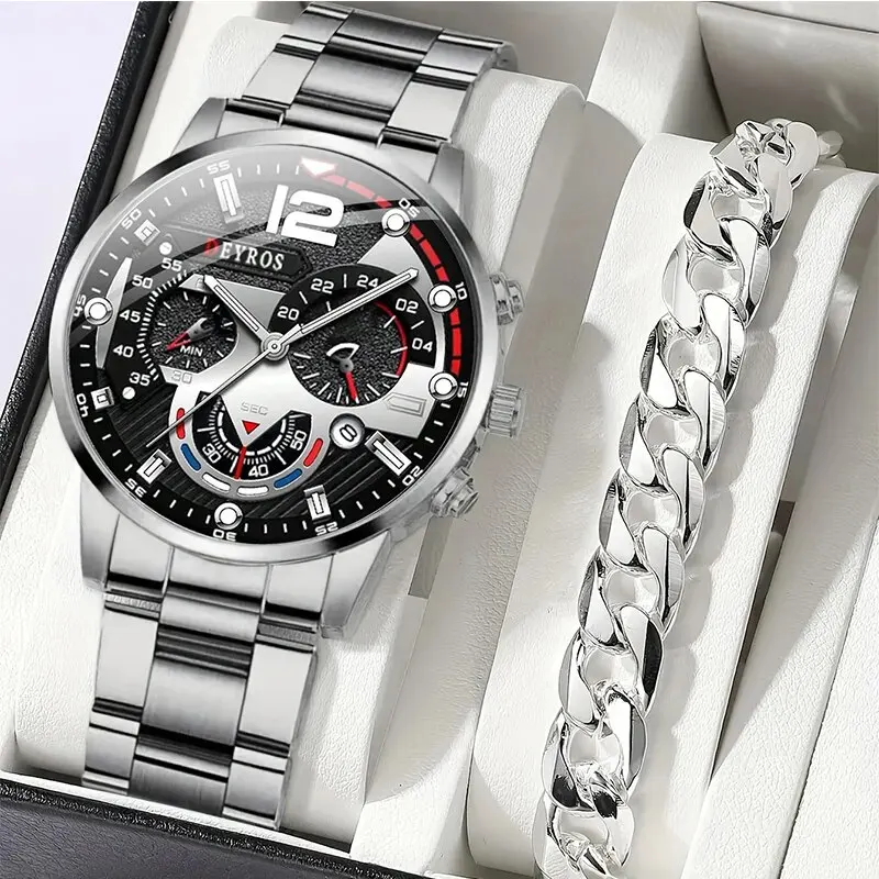 2pcs Luxury Mens Silver Quartz Watch With Stainless Steel Bracelet Men Fashion Business Casual Watch Luminous Clock