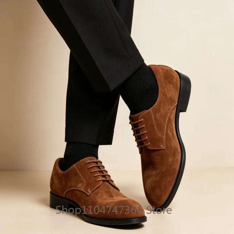 Designer Men Dress Shoes Cow Suede Derby Business British Style Lace Up Wear-resistant Leather Shoes Male Youth Genuine Leather