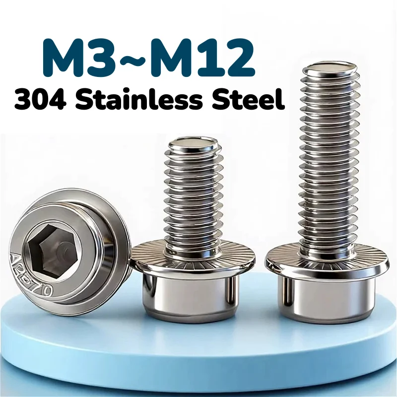 M3 M4 M5 M6 M8 M10 M12 304 Stainless Steel Hex Socket Cap Head Flange Bolt Allen Socket Screw With Serrated Flange Pad