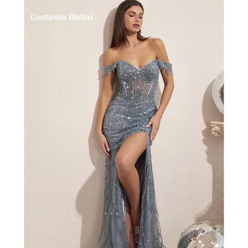 Contessa Dubai lentejuelas fuera del hombro lado alto Split vestidos de baile sirena personalizado فسات Бmaveraات corte tren vestido de noche 2025