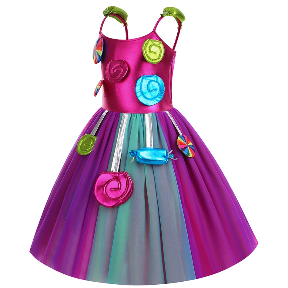 Girls Princess Rainbow Candy Dress Girls Patchwork Color Mesh Lollipop Decorative Ball Gown Kids Purim Carnival Party Clothes