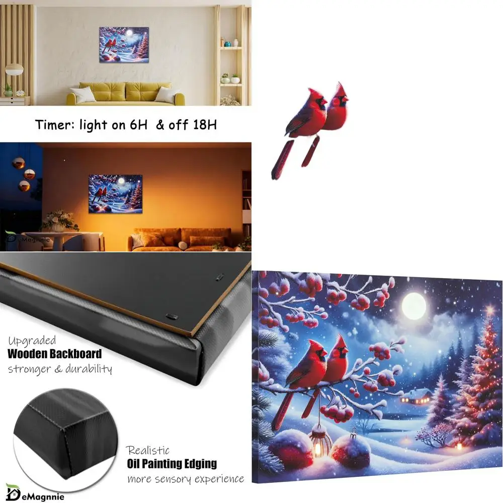 

Battery-Powered LED Lighted Cardinal Canvas Art with Timer, 28x20in Framed Winter Scene