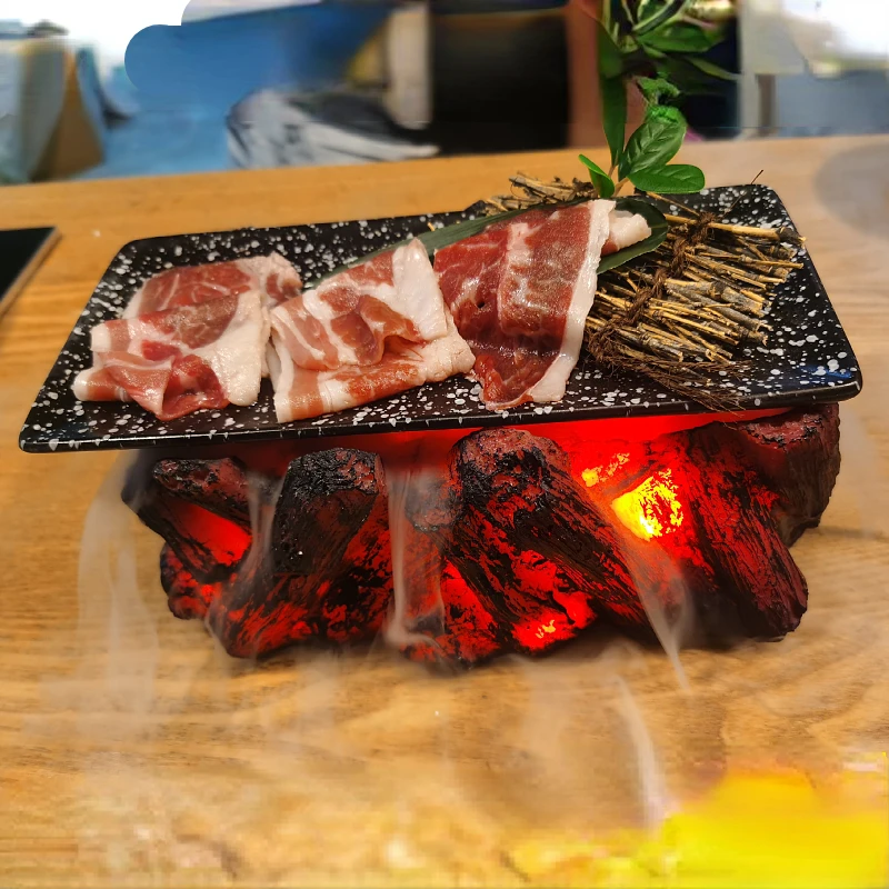 Creative dry ice tableware Simulated charcoal flame beef plate Roast Meat Shop Smoke Volcano Japanese Style Special Dishes