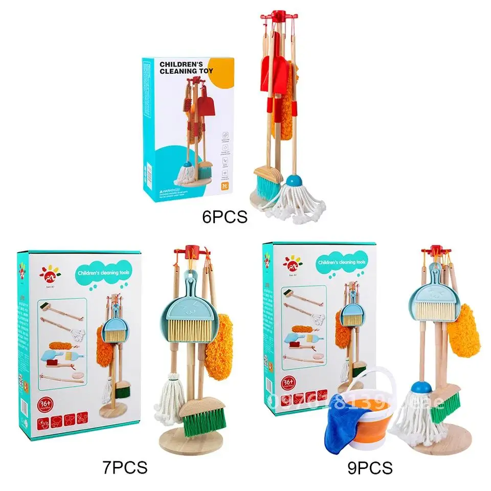 ชุดทำความสะอาดจำลองสำหรับเด็ก ของเล่นไม้สำหรับการเรียนรู้ในวัยเริ่มต้น ไม้กวาดและไม้ถูพื้น อุปกรณ์ทำความสะอาด