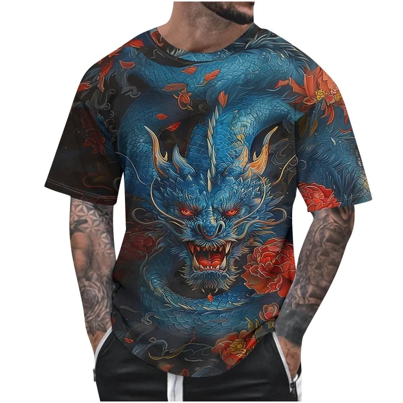 

Vintage Chinese Loong Pattern T Shirt For Men Dragon 3D Print Tees Casual Streetwear Short Sleeve Round Neck Tops Loose T-Shirts