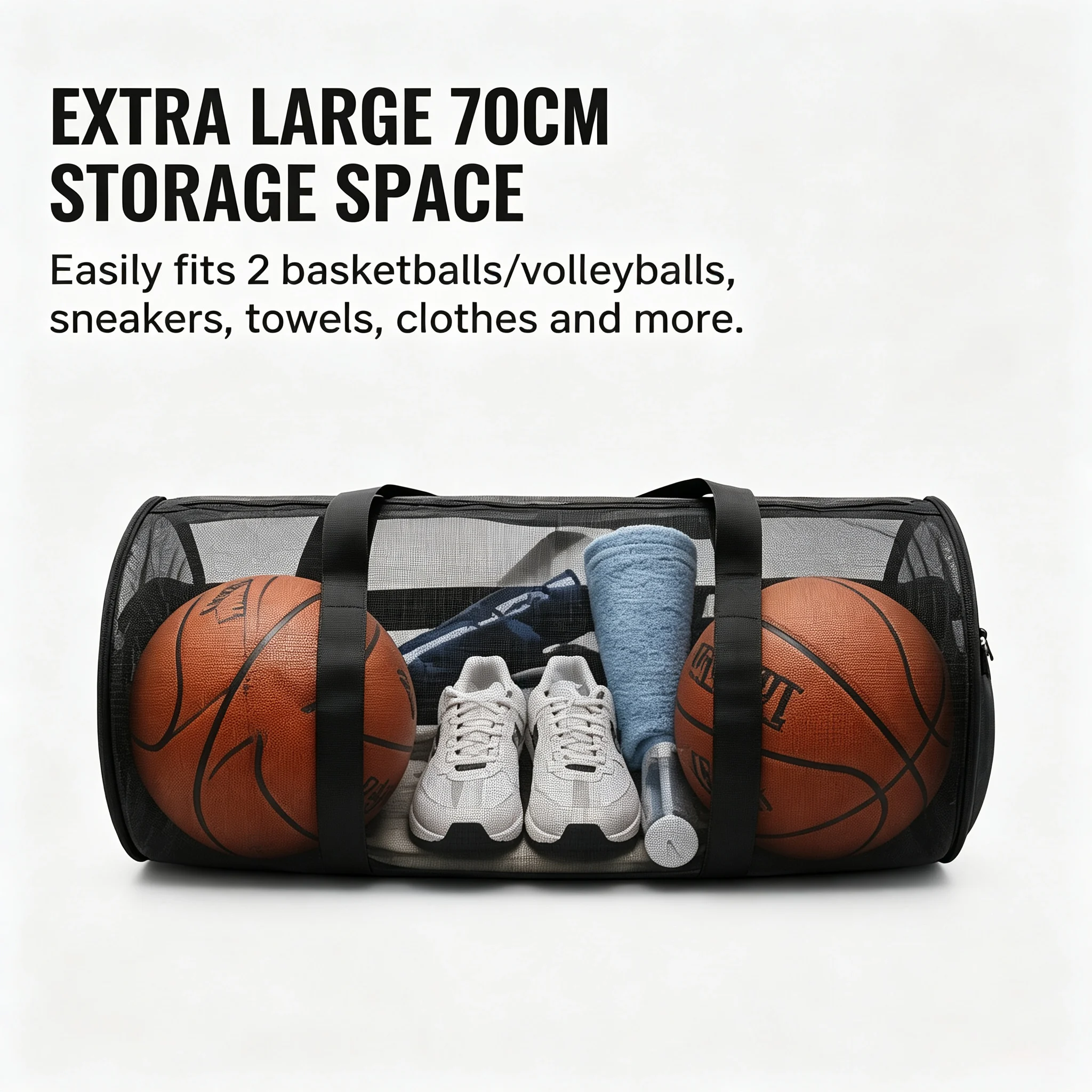 Large Mesh Sports Duffle Bag Breathable Basketball Volleyball Storage Gym Bag with Zipper Side Pocket Outdoor Training Hand Bag