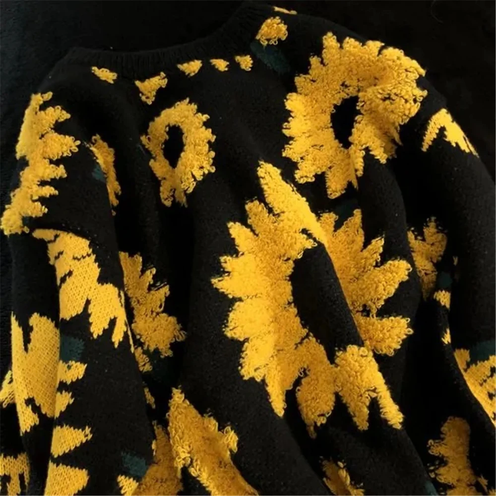 Autunno giapponese retrò girasole floccaggio pigro vento maglione uomini e donne hip-hop coppia maglione marea