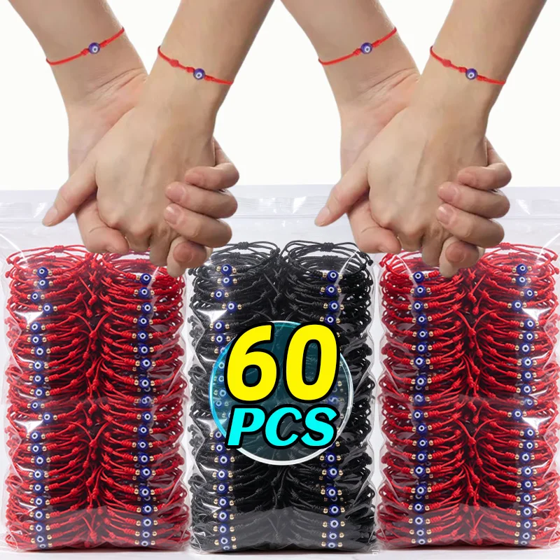 60pcs Couple Evil Eye Red Bracelet Women Men 7 Knot Lucky Handmade Braided String Adjustable Family Friendship Bracelet Jewelry
