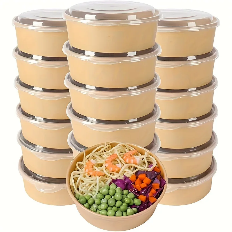 

Disposable bowl kraft paper bowl lunch box, printed logo salad lunch box round takeaway packing box with lid