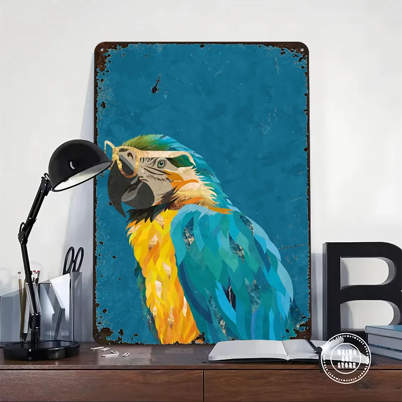 Gold Blue Macaw Bird Personalized 3D Textured Metal Poster Wall Art Tinplate Sign for Vintage Decorations Decor Luxury House