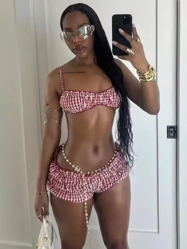 

Женский комплект из 2 предметов в полоску Weird Puss, эластичный камзол для пляжного отдыха + шорты со рюшами, одинаковая клубная одежда, летний купальник полуночного цвета