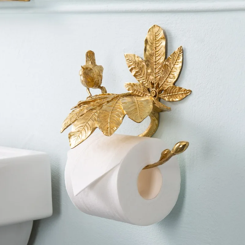 Solid Brass Luxury Toilet Paper Holder with Bird Design Retro Bathroom Tree Branch Wall-Mounted Tissue Roll Stand Home Decor