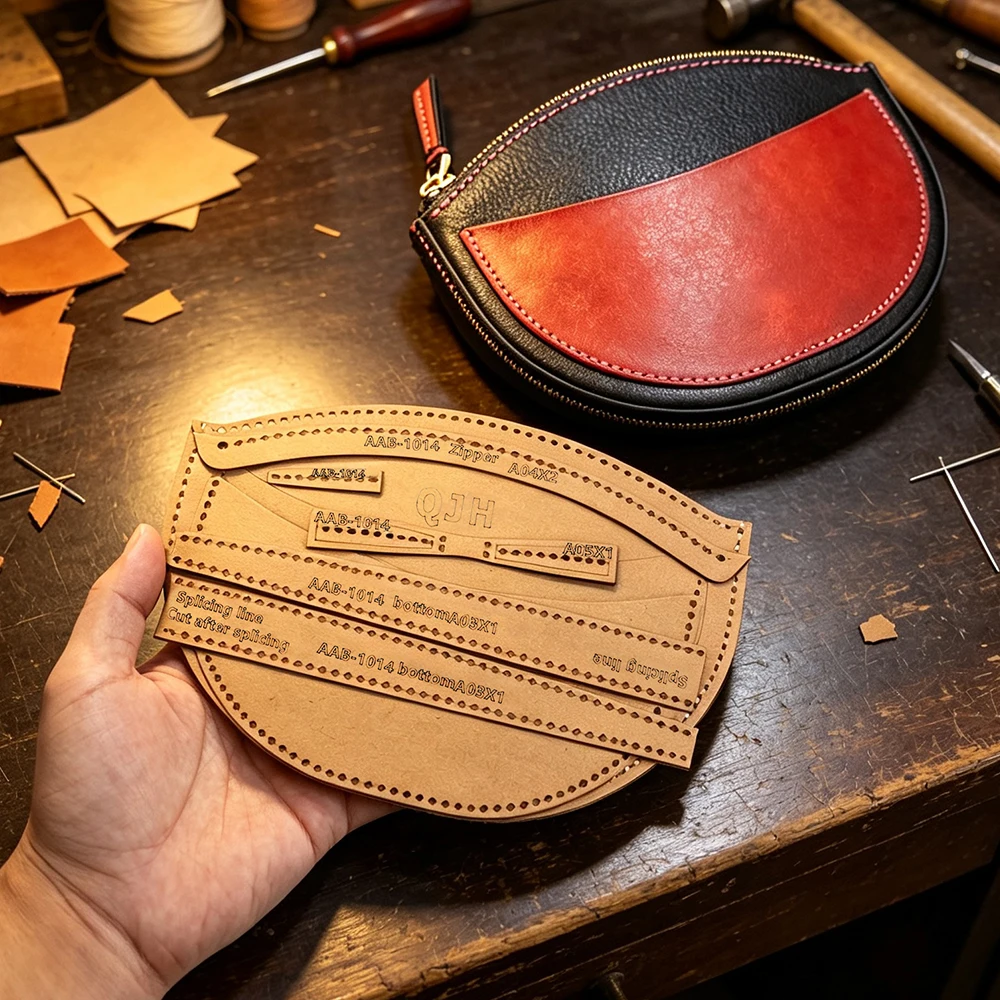 1 Set bogenförmige Geldbörse mit Reißverschluss, Handtasche – Schablone aus Kraftpapier, DIY-Handarbeitsvorlage aus Kunstleder – Nähvorlage mit Löchern