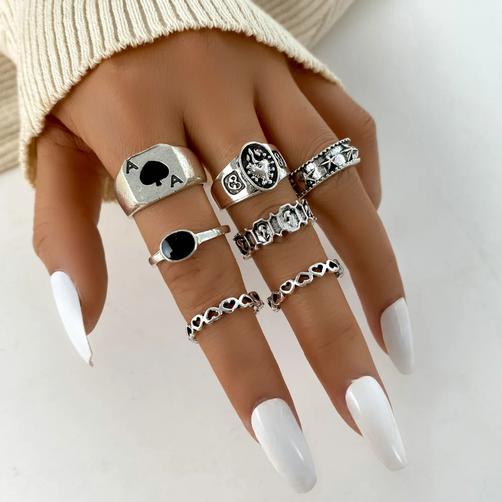 Vintage Silver Color Skull Heart Rings Set For Women Men Gothic Chain Retro Rings 2021 Trend Fashion Jewelry