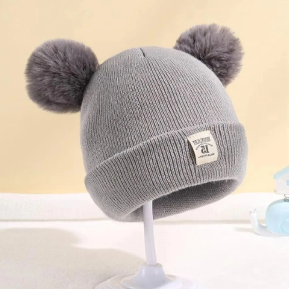 Cute Cotton Wool Knitted Bonnet Pompom Solid Color Baby Hat 2-piece Set Beanie Warm Beanie Cap