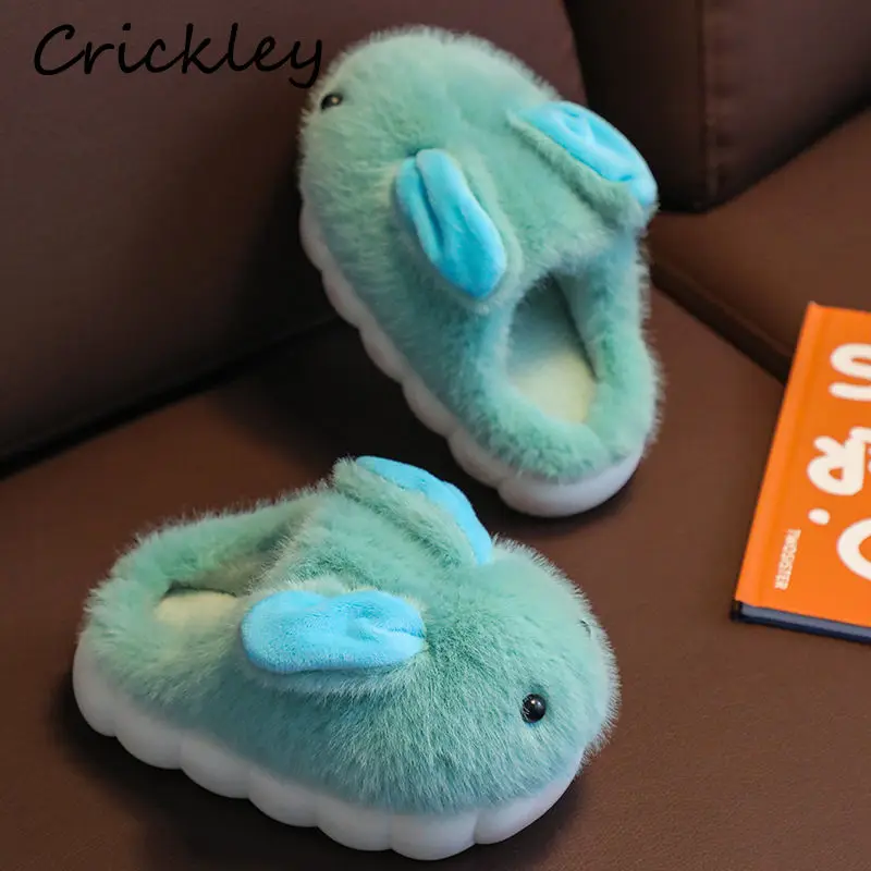 Cartoon Rabbit Children's Slippers Winter Solid Furry Floor Slippers For Kids Soft Bottom Warm Plush Boys Girls House Shoes