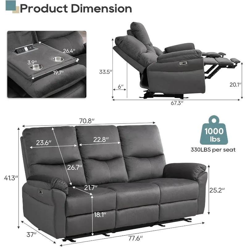 Reclining Sofa, Power Reclining Sofa with Drop Down Table, Cup Holder and USB Port, Modern Recliner Sofa 3 Seater, Wall Hugger