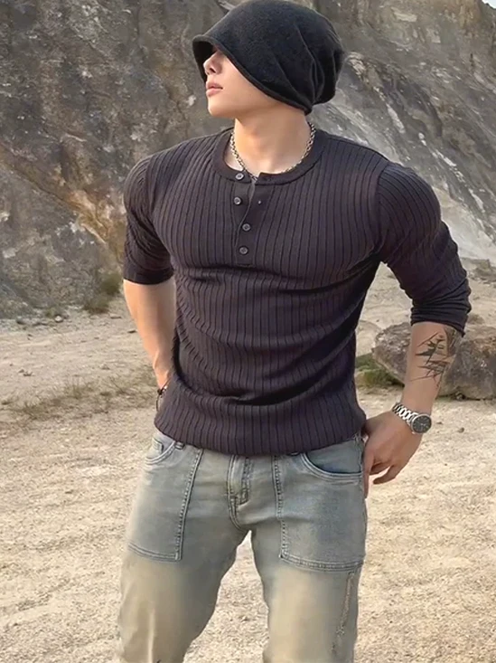 

Мужская вязаная рубашка-хенли American Sle Hard Man с длинным рукавом, на пуговицах, приталенная, шерстяная, для повседневной носки