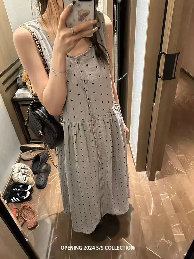 Abito estivo senza maniche a pois Abito da donna Pausa tè Eleganza francese Abito lungo sottile Abito in lino di cotone con vita impero N781