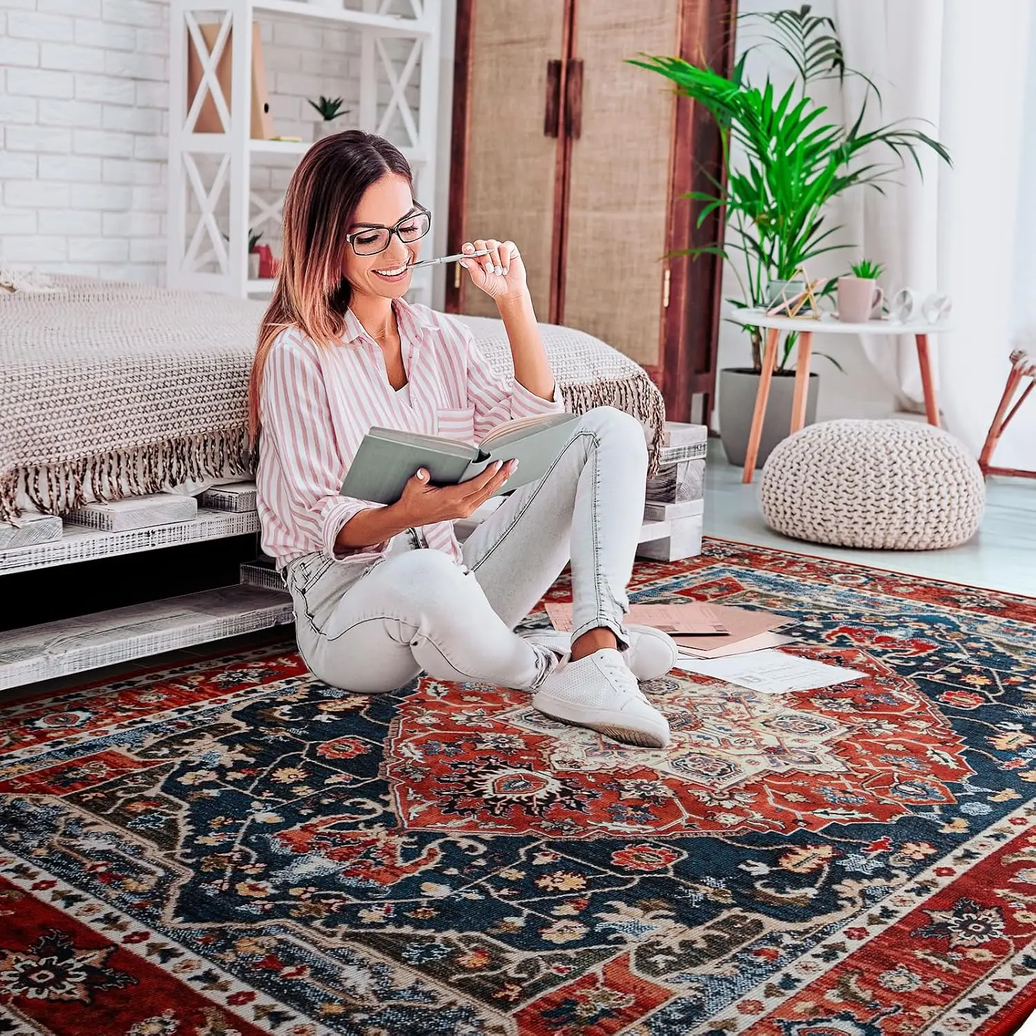 Red Vintage Distressed Floral Boho Area Rug Machine Washable Low Pile Soft Carpet for Living Room Bedroom Dining Room Home Decor