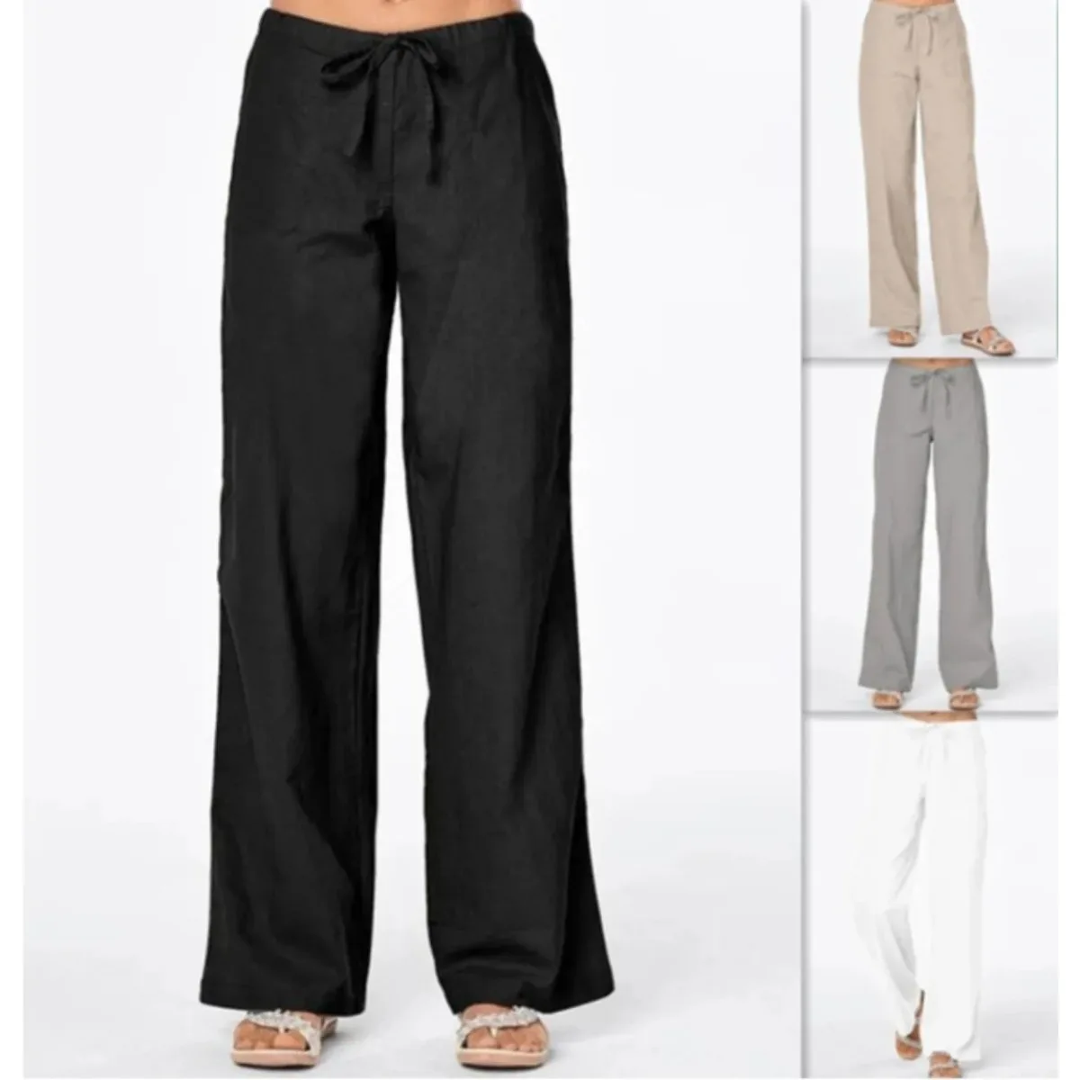 Women's High-Waisted Wide-Leg Pants Cotton-Linen Blend Casual Relaxed-Fit Trousers Elastic Waistband with Drawstring Detail