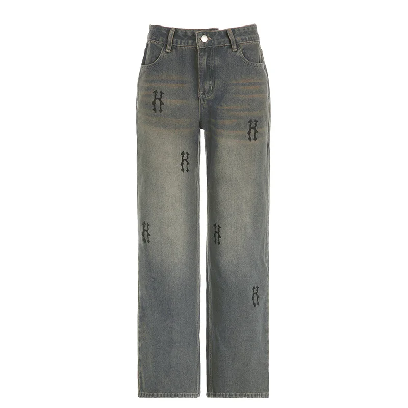 Frauen Jeans Distressed Stickerei weites Bein Hosen Denim in voller Länge Taschen lose gewaschen Vintage Mid Taille Streetwear 2024