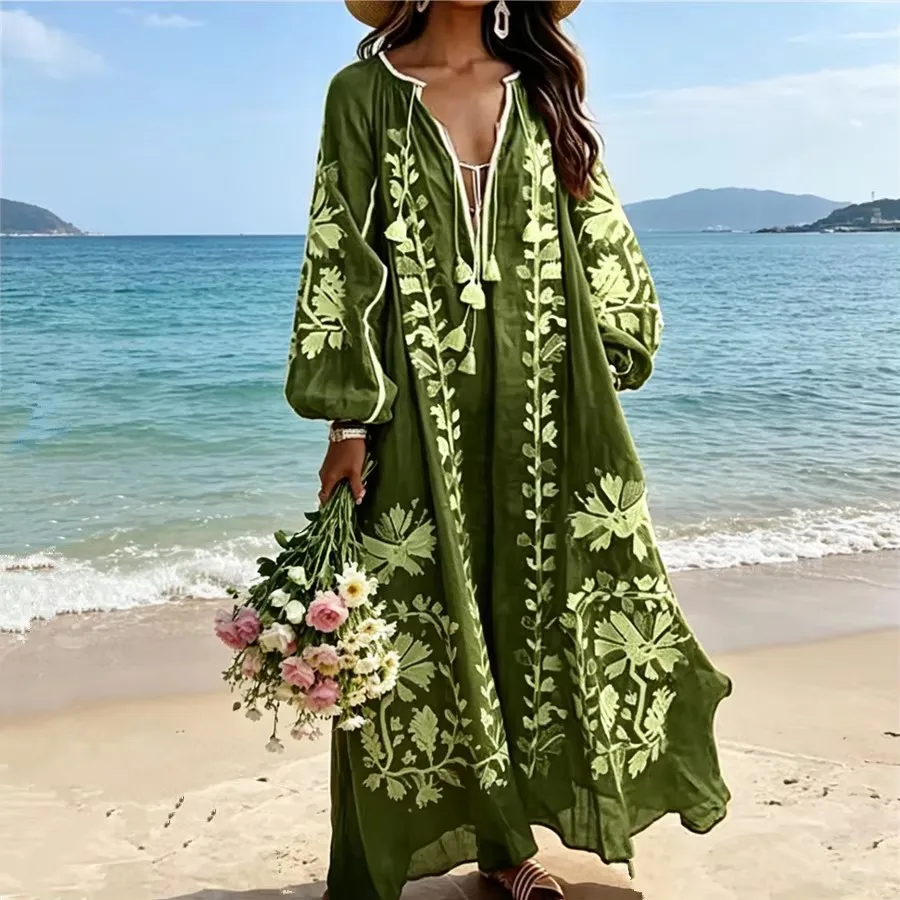 Women's Casual Bohemian Print Dress V Neck Long Sleeve Beach Style Elegant Long Midi Dress Vacation Loose Dress