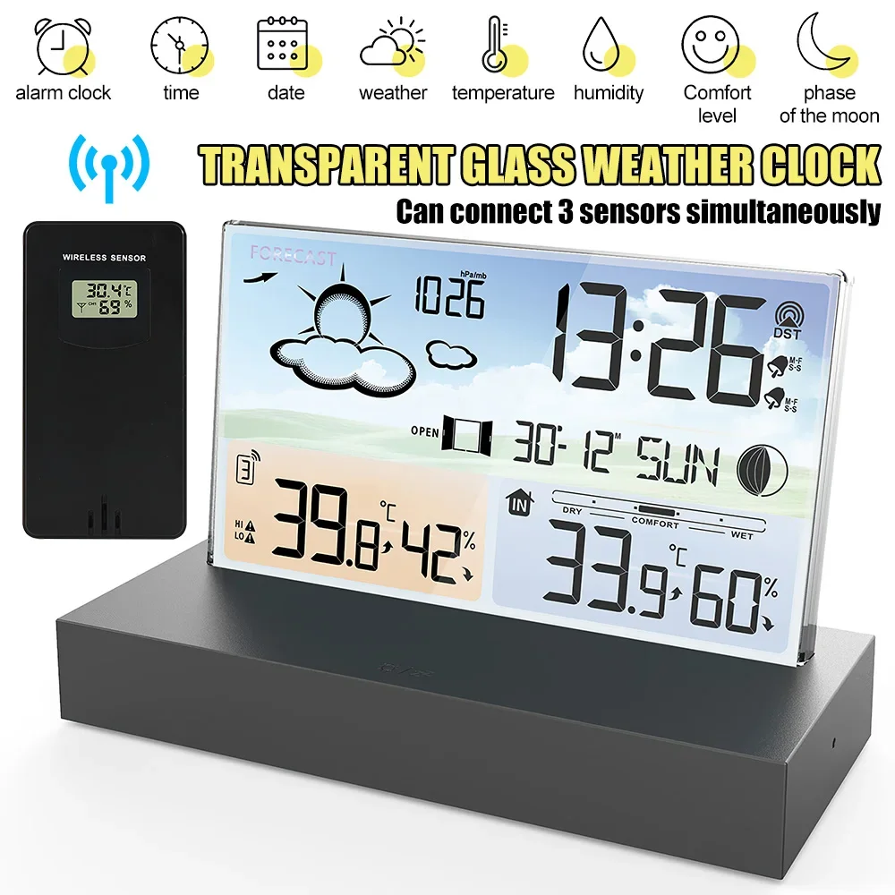 

Digital Alarm Clocks Multifunctional Wireless Weather Station Forecaster Indoor Outdoor Thermometer Hygrometer with Sensor