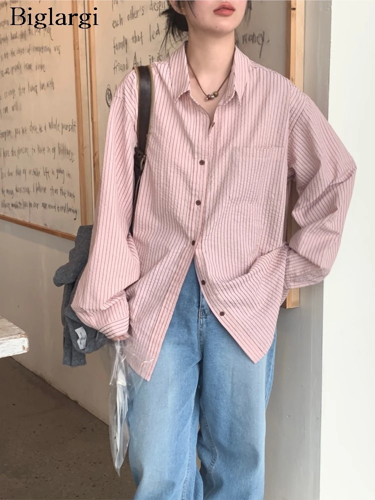 

Осенние полосатые рубашки с принтом, женские повседневные свободные модные женские блузки с длинными рукавами, женские рубашки в корейском стиле, пальто