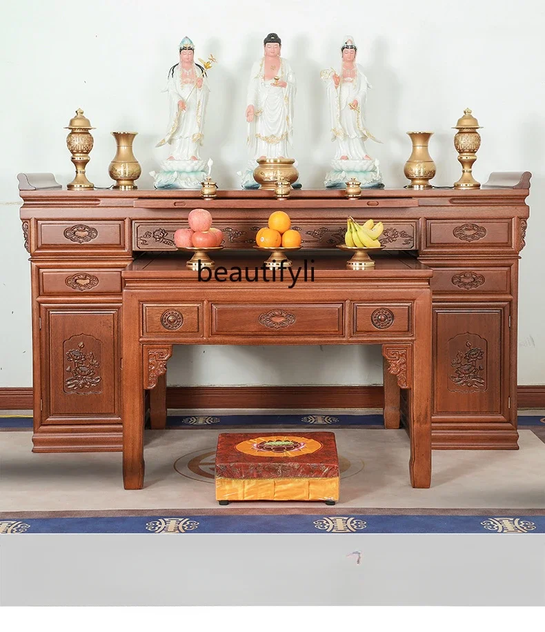

07Jinhua Pear Solid Wood Altar Buddha Table Chinese Household Living Room Carved Ancestor Incense Burner Table