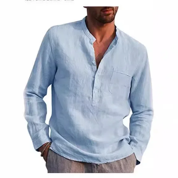 Summer Hot Selling Men's Linen V-neck Long Sleeved Shirt Breathable Casual Beachwear, Business Casual Men's Clothing