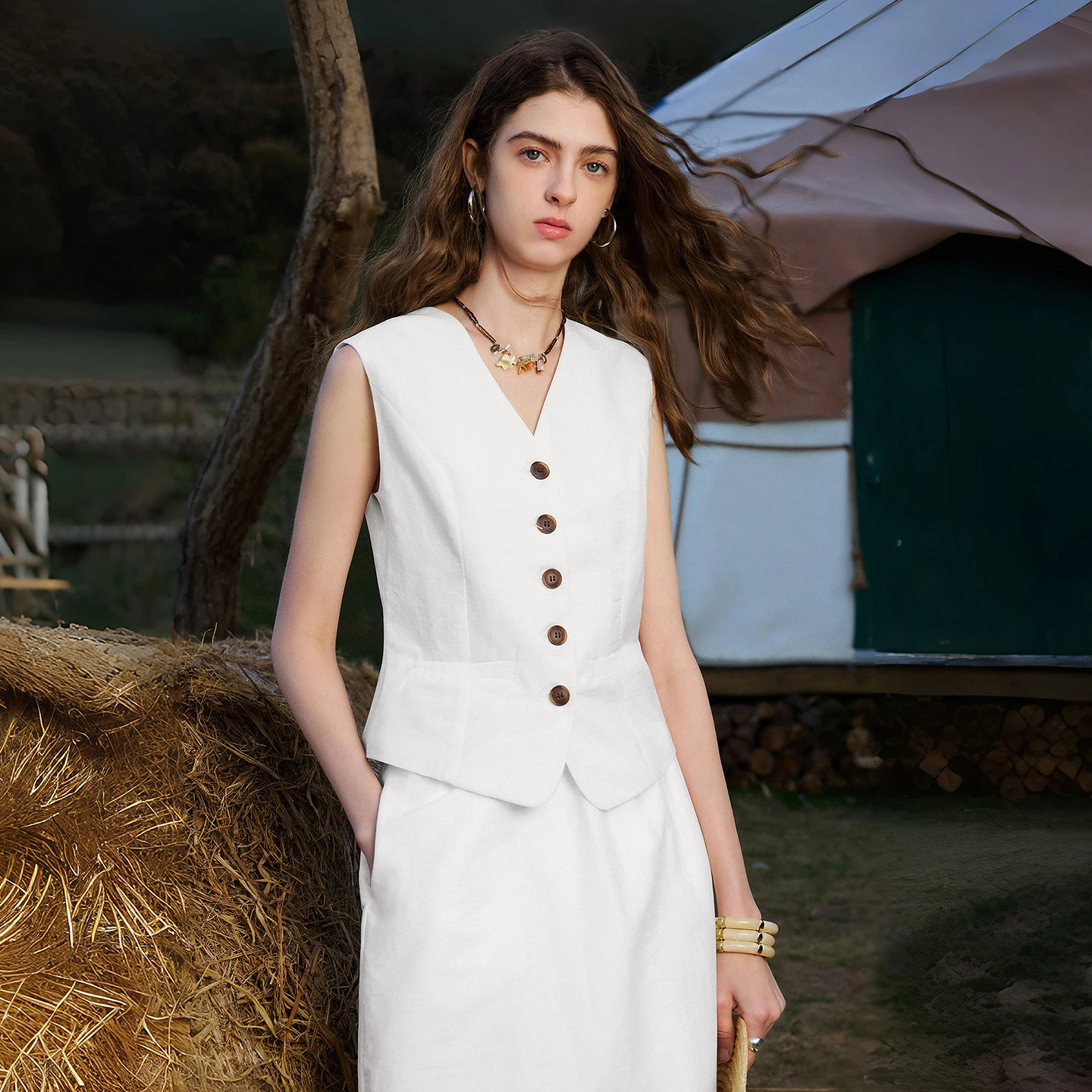 TOYOUTH Women Vest & Skirt Sets 2026 Spring New Wrinkled Texture Waist - Cinching Two - Piece Outfits