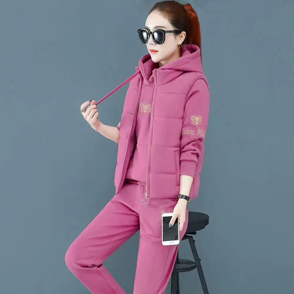 Lady Sport Clothes Women's Winter Tracksuit Set with Embroidered Hoodie Padded Coat Elastic Waist Pants 3 Piece Sporty for Cold