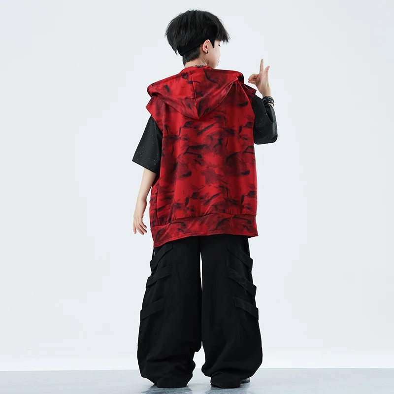 เด็ก Hip Hop Cool หลวมย้อมกางเกง Cargo Boys Street Dance สีแดง Hoodie เด็ก Streetwear วัยรุ่นเครื่องแต่งกายแจ๊สเสื้อผ้าชุด XH2908