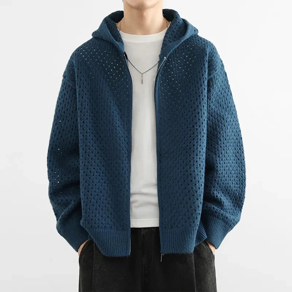 Men Hooded Sweater Hollow Outerwear Knit Sweater Fashion Streetwear Versatile Campus Performance Long-Sleeve Tops Men'S Clothing