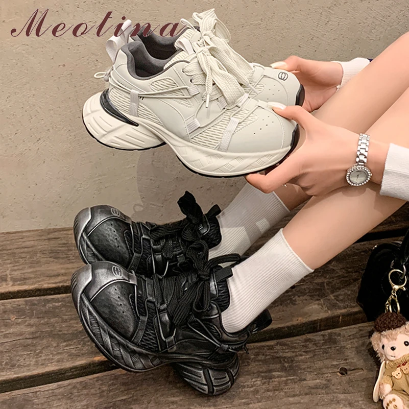 

Meotina Women Genuine Leather Sneakers Round Toe Flats Lace-up Platform Ladies Fashion Casual Shoes Spring Autumn Black Grey 40